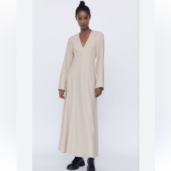 Zara Dresses & Skirts - New Zara V-Neck Maxi Dress Beige Size M Elegant Wedding Brides Maid BNWT